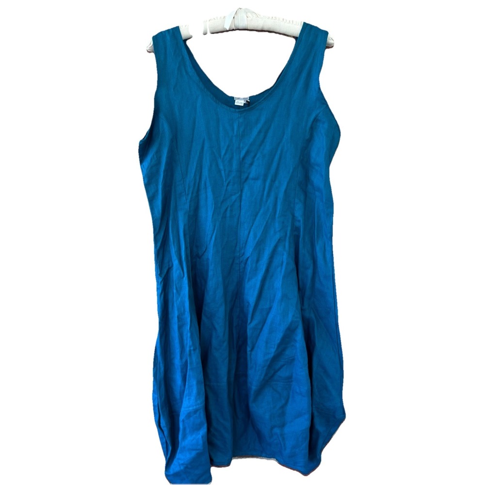Just Jill Dress Dark Teal 100% Linen Dress Women's L Sleeveless Balloon Hem